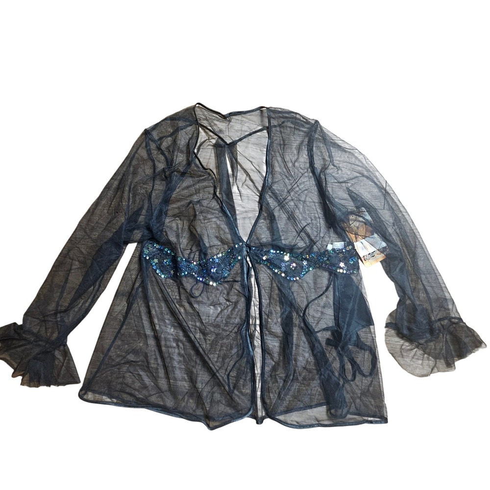 Intimate Attitudes Sheer Mesh Sequin Lace Robe Set 1/2X Black X20338 NWT